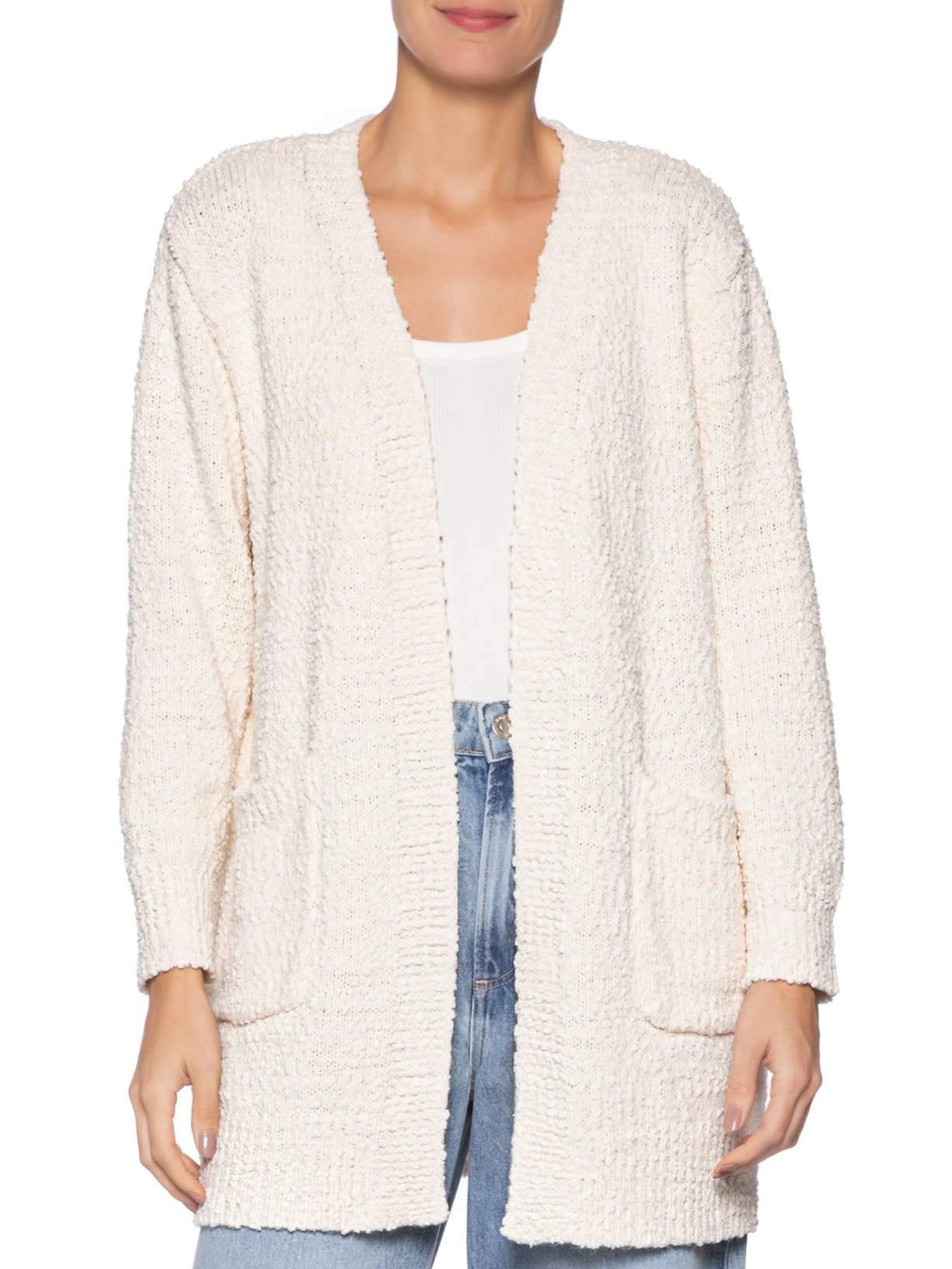 Cardigã Feminino Tricot Texturizado Alongado Branco Basiq