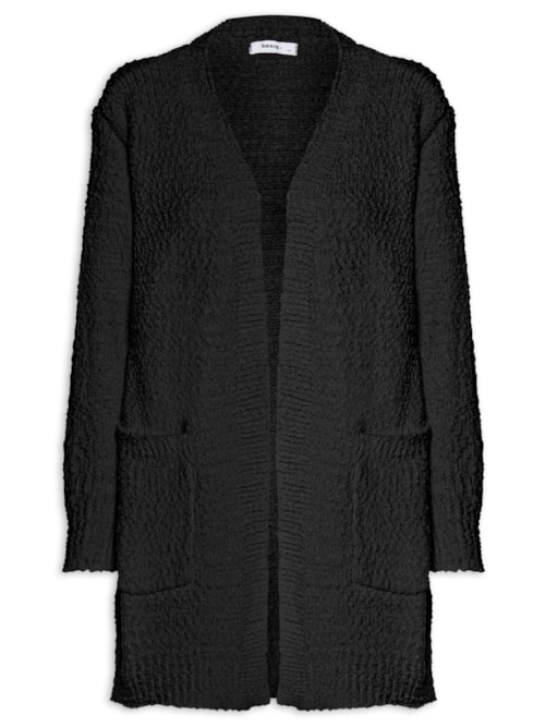 Cardigã Feminino Tricot Texturizado Alongado - Preto