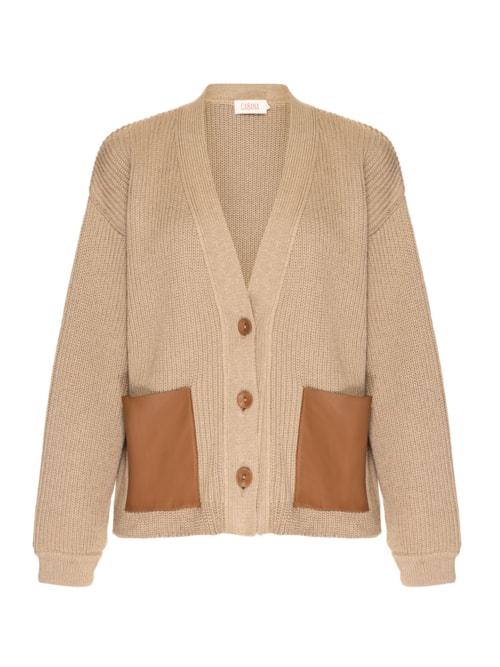 Cardigan Bolso Couro Cáqui