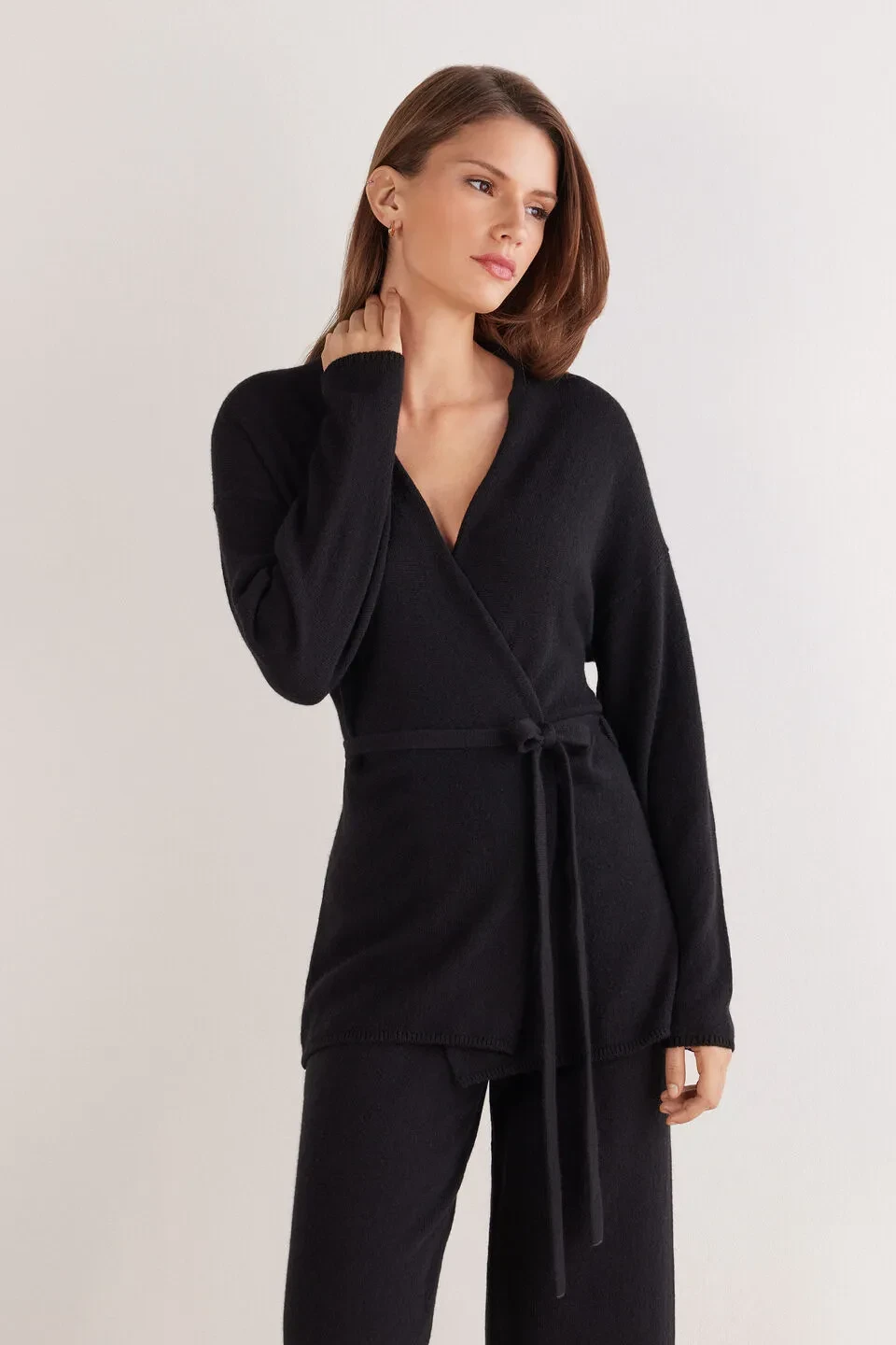 Cardigan Com Cinto 100% Cashmere - Preto