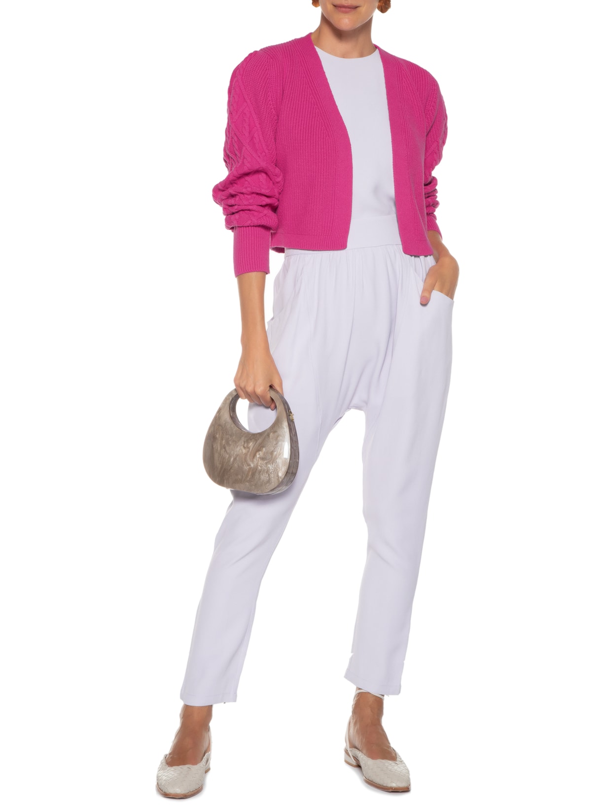 Cardigan Feminino Aberto Com Tranças Rosa Anselmi