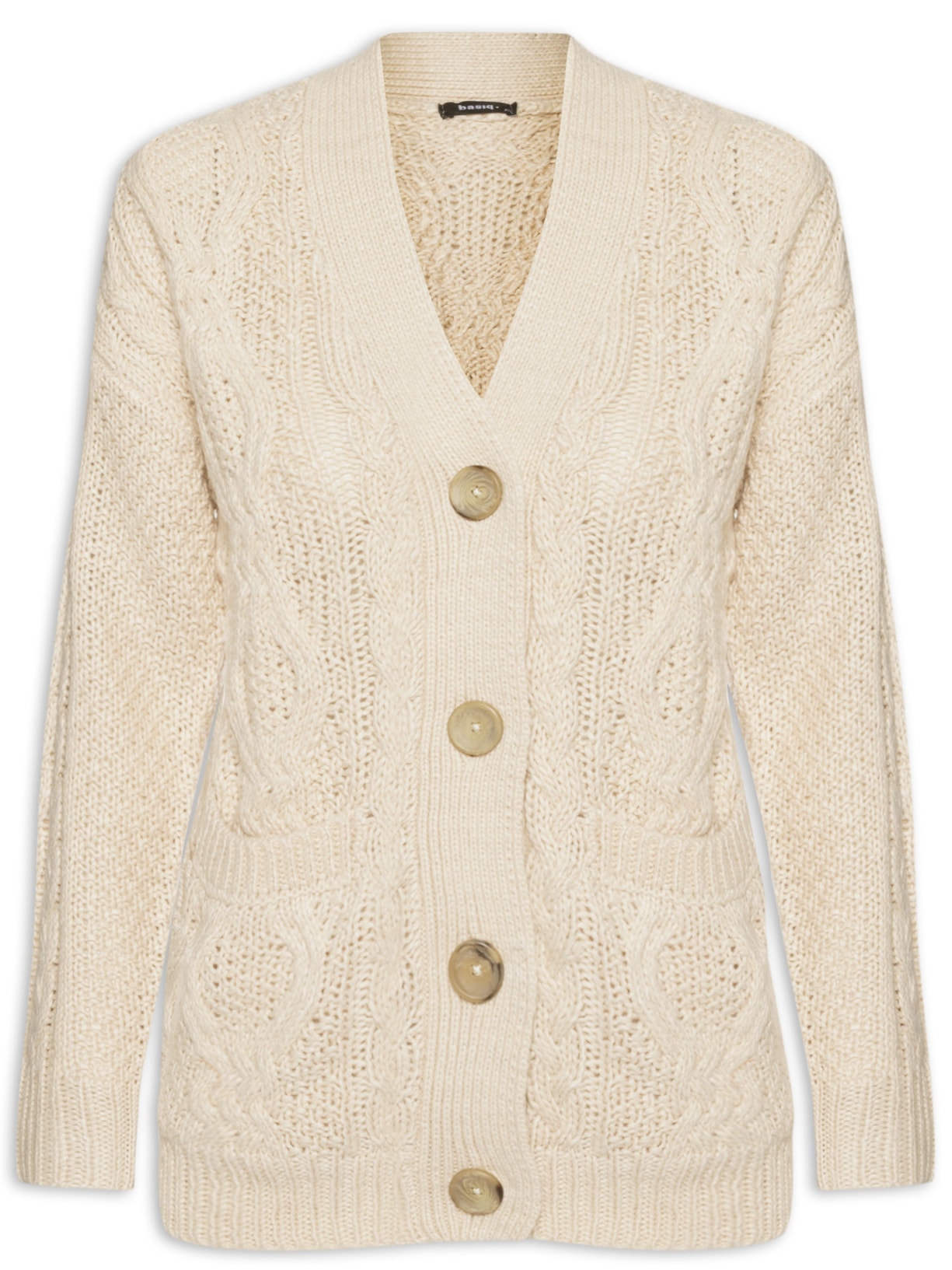 Cardigan Feminino Alongado Com Bolsos Frontais - Bege