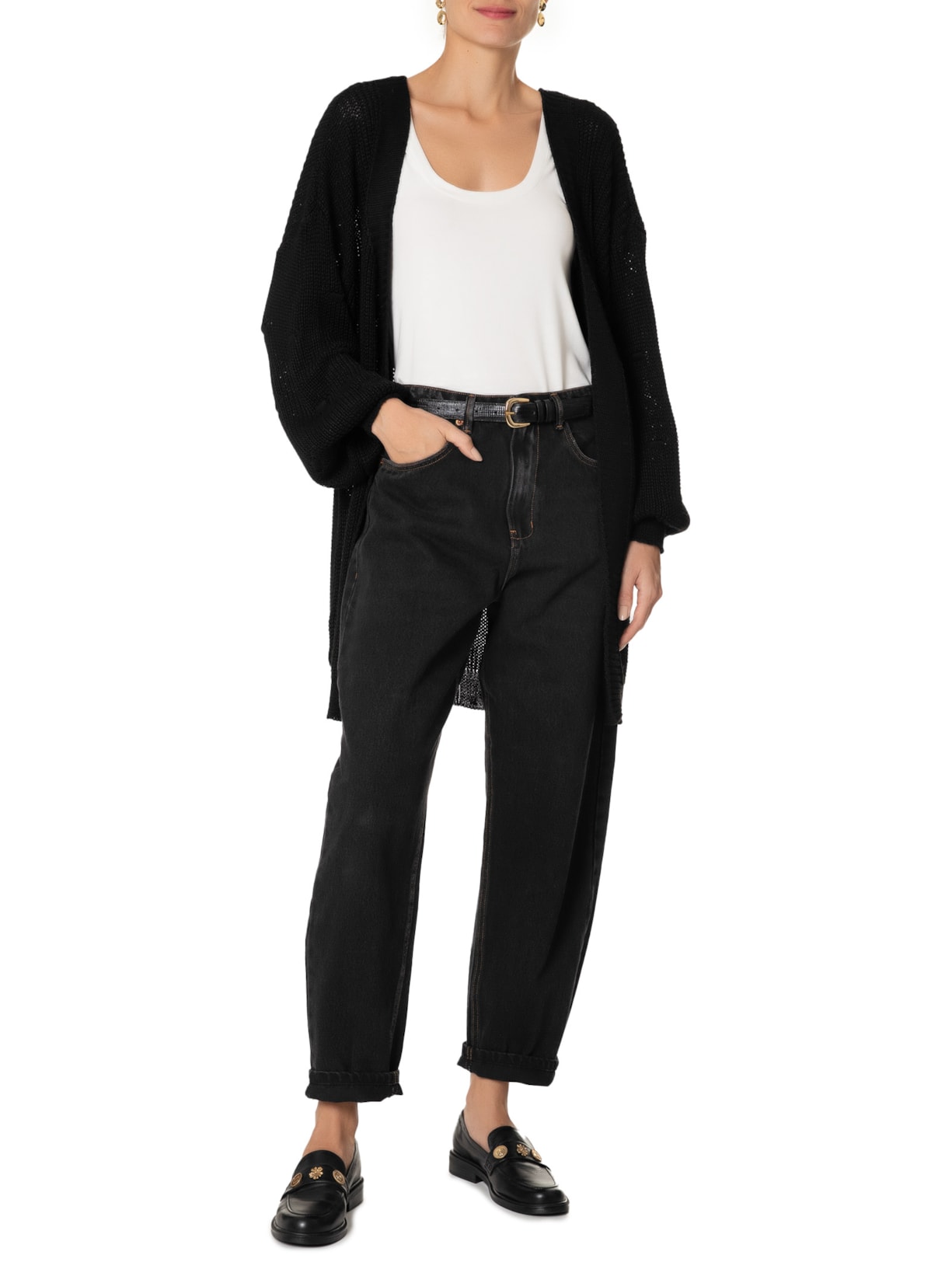 Cardigan Feminino Alongado Com Detalhe Nas Mangas - Preto