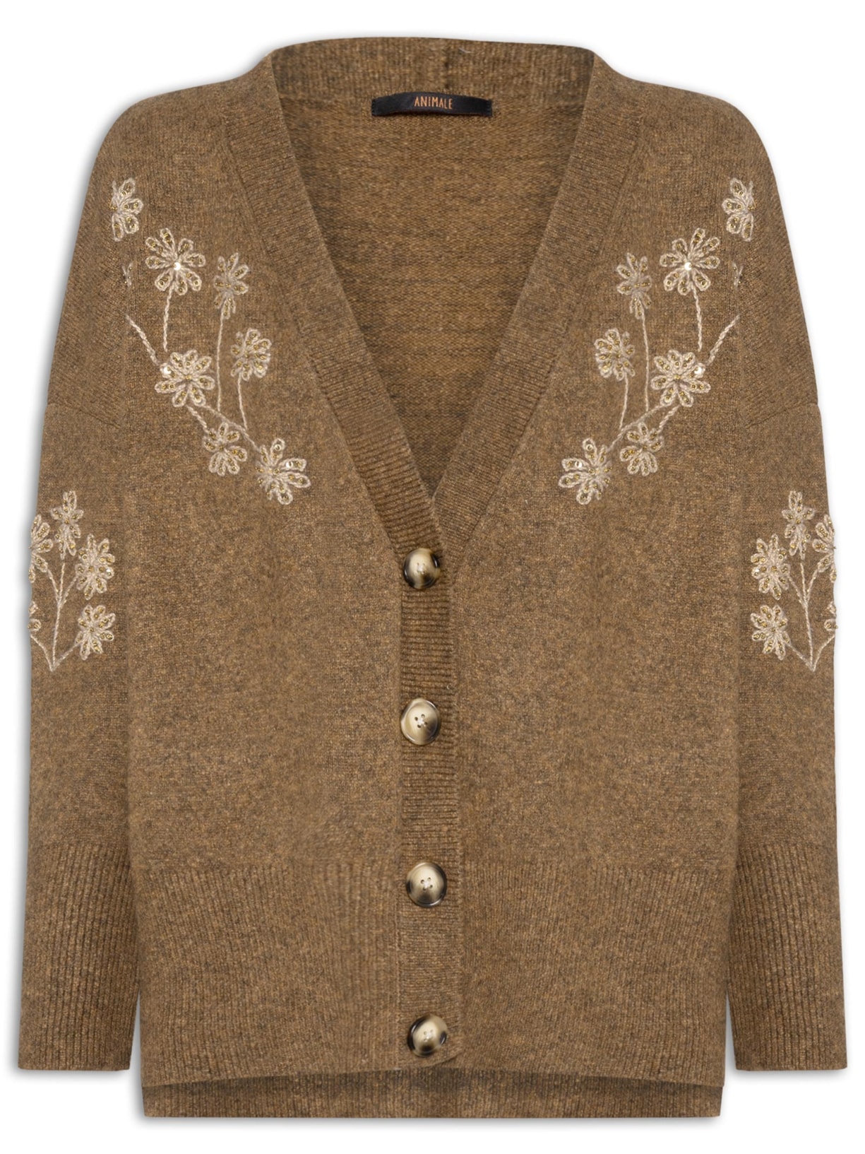 Cardigan Feminino Bordado Gola V De Tricot Marrom Animale