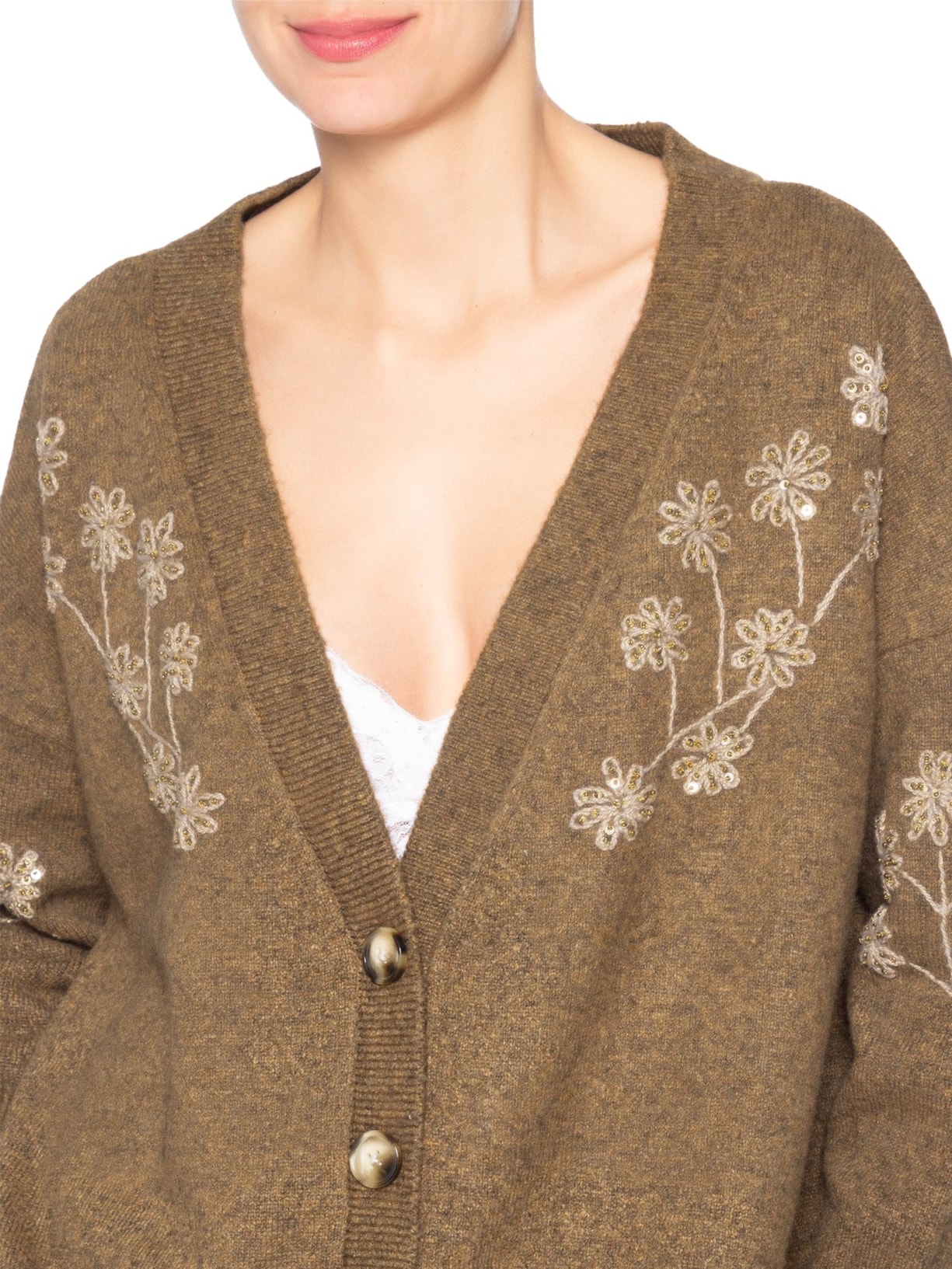 Cardigan Feminino Bordado Gola V De Tricot Marrom Animale
