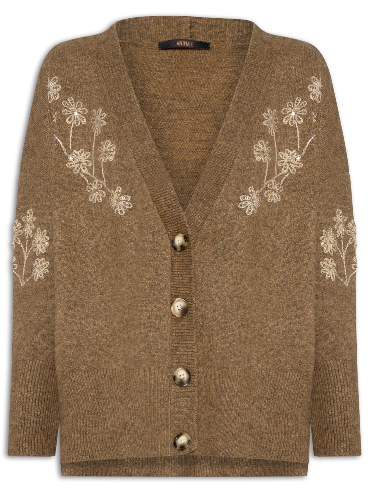 Cardigan Feminino Bordado Gola V De Tricot Marrom Animale