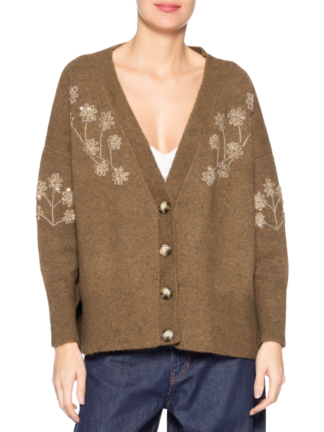 Cardigan Feminino Bordado Gola V De Tricot Marrom Animale