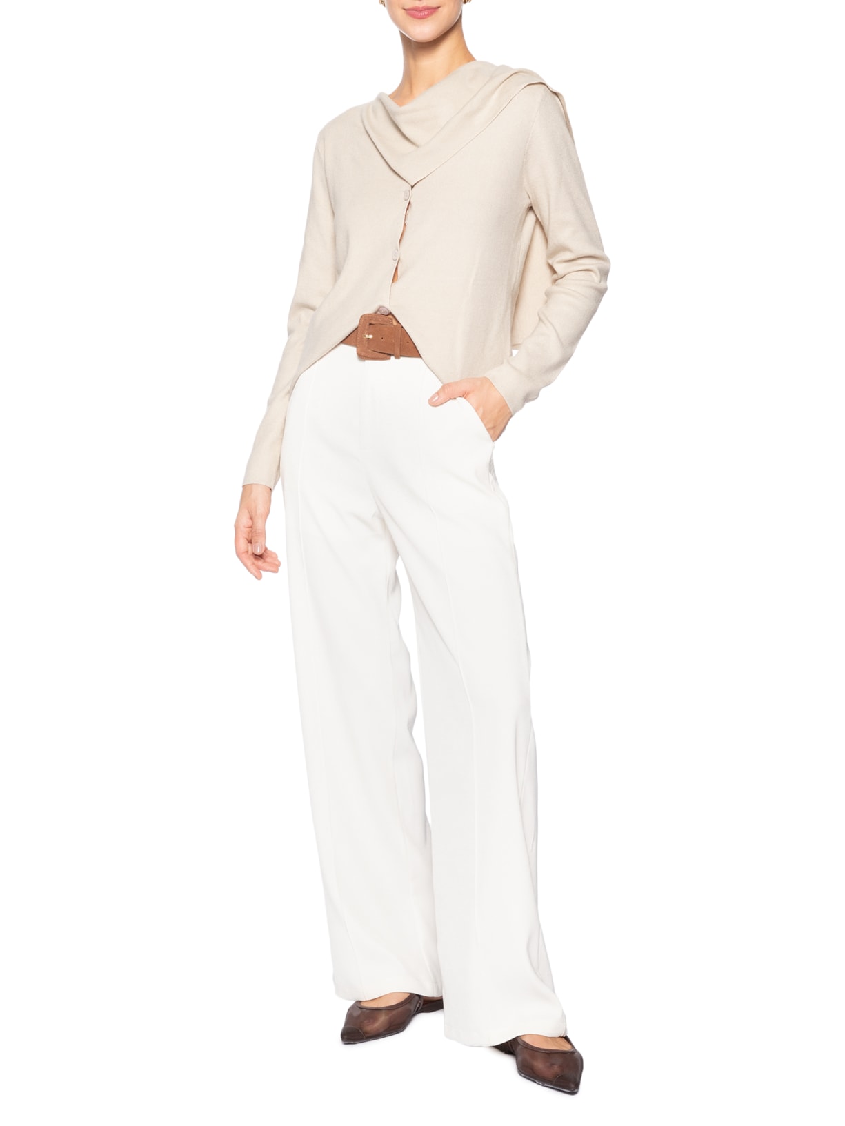 Cardigan Feminino com Botões e Cachecol em Tricot Bege '2Essential