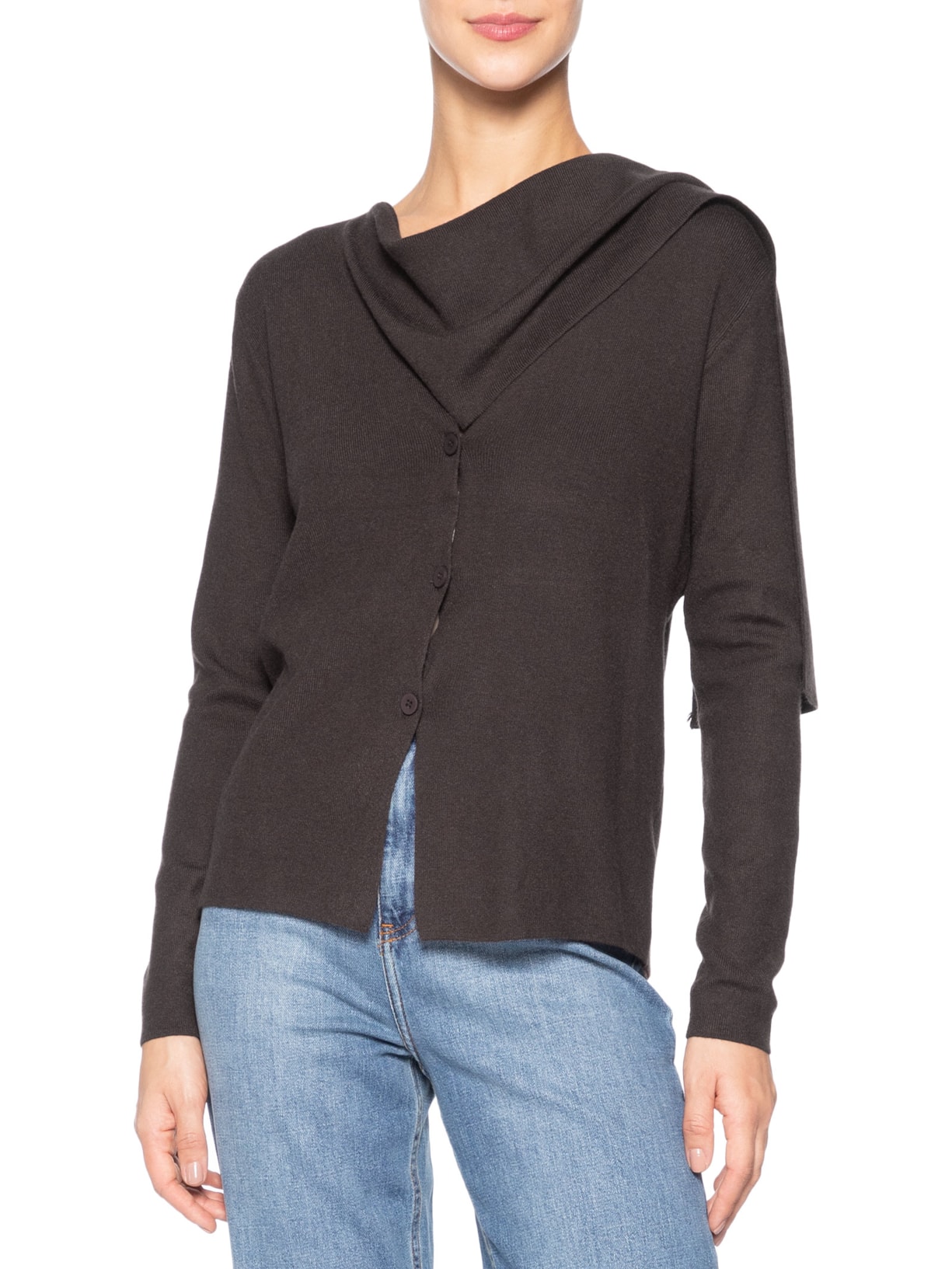 Cardigan Feminino com Botões e Cachecol em Tricot Marrom '2Essential