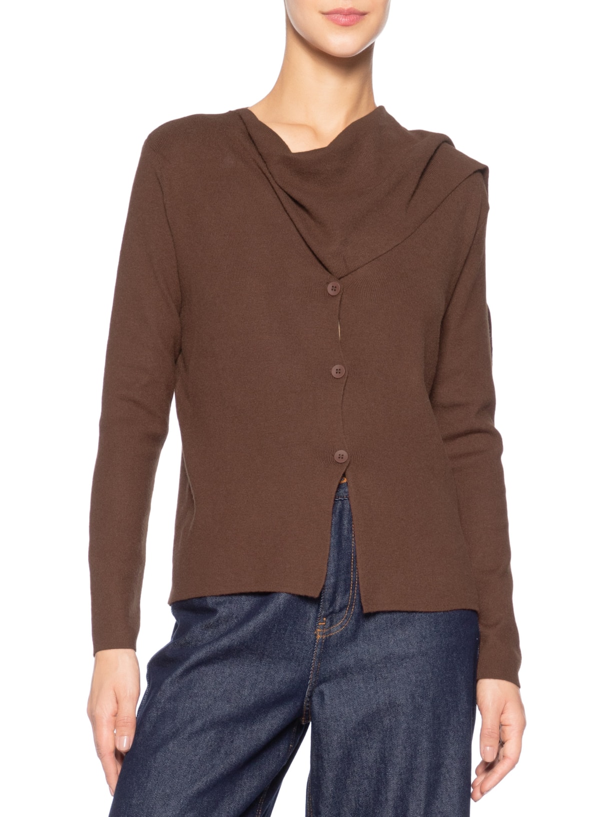 Cardigan Feminino com Botões e Cachecol em Tricot Marrom '2Essential