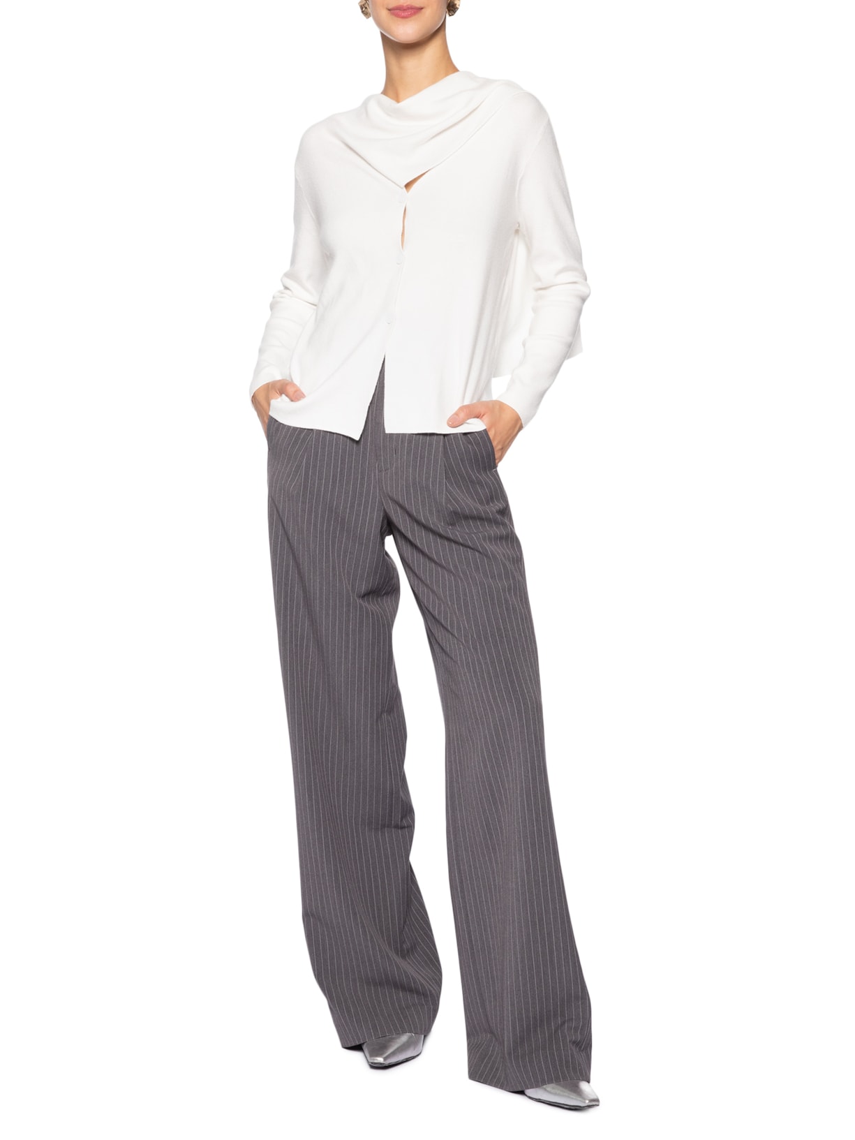 Cardigan Feminino com Botões e Cachecol em Tricot Off White '2Essential