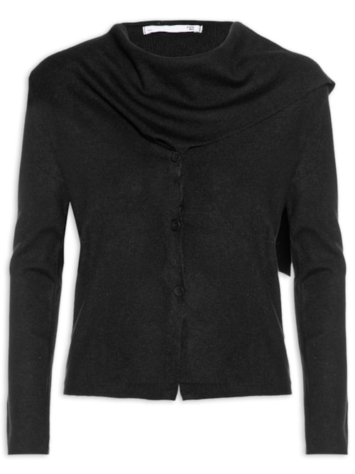 Cardigan Feminino com Botões e Cachecol em Tricot - Preto