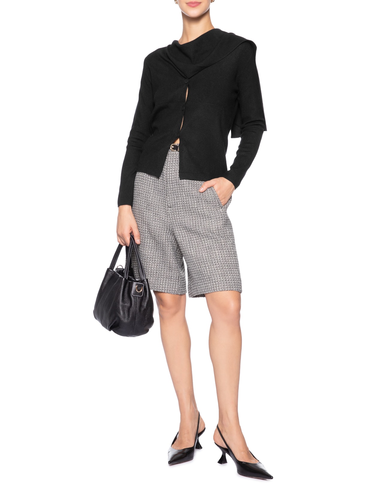 Cardigan Feminino com Botões e Cachecol em Tricot Preto '2Essential