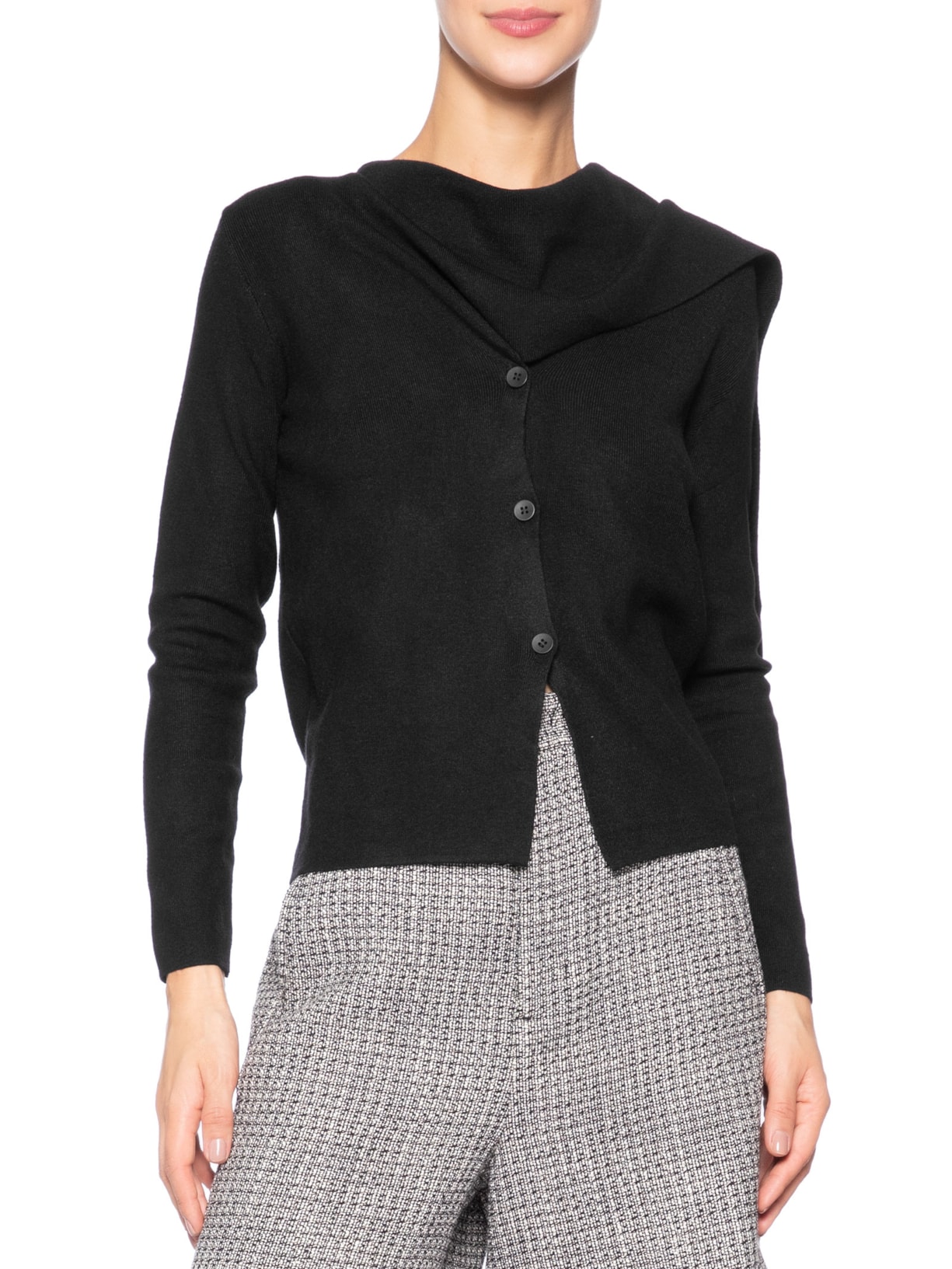Cardigan Feminino com Botões e Cachecol em Tricot Preto '2Essential