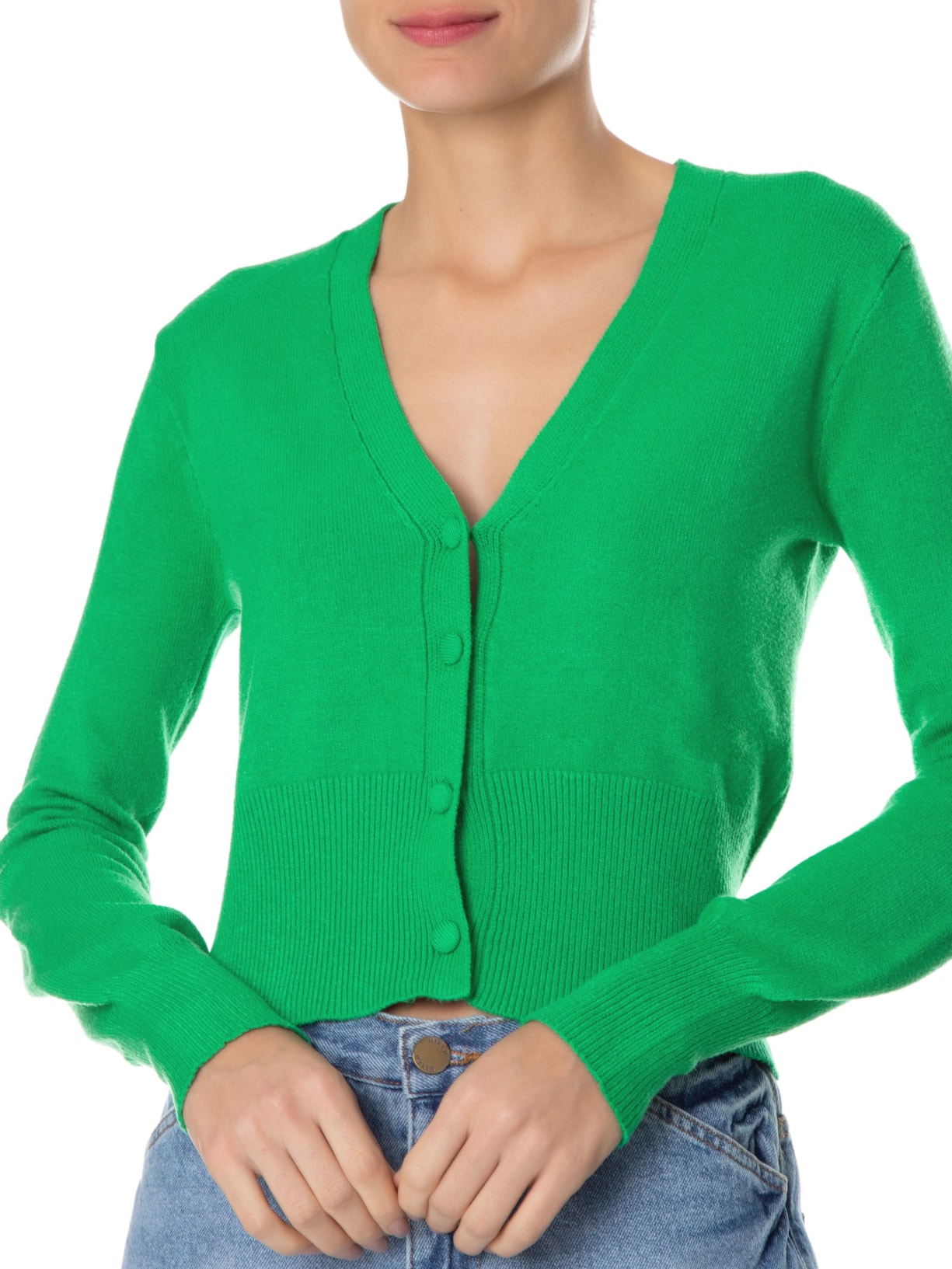 Cardigan Feminino Cropped Em Tricot Com Botão Forrado Verde '2Essential