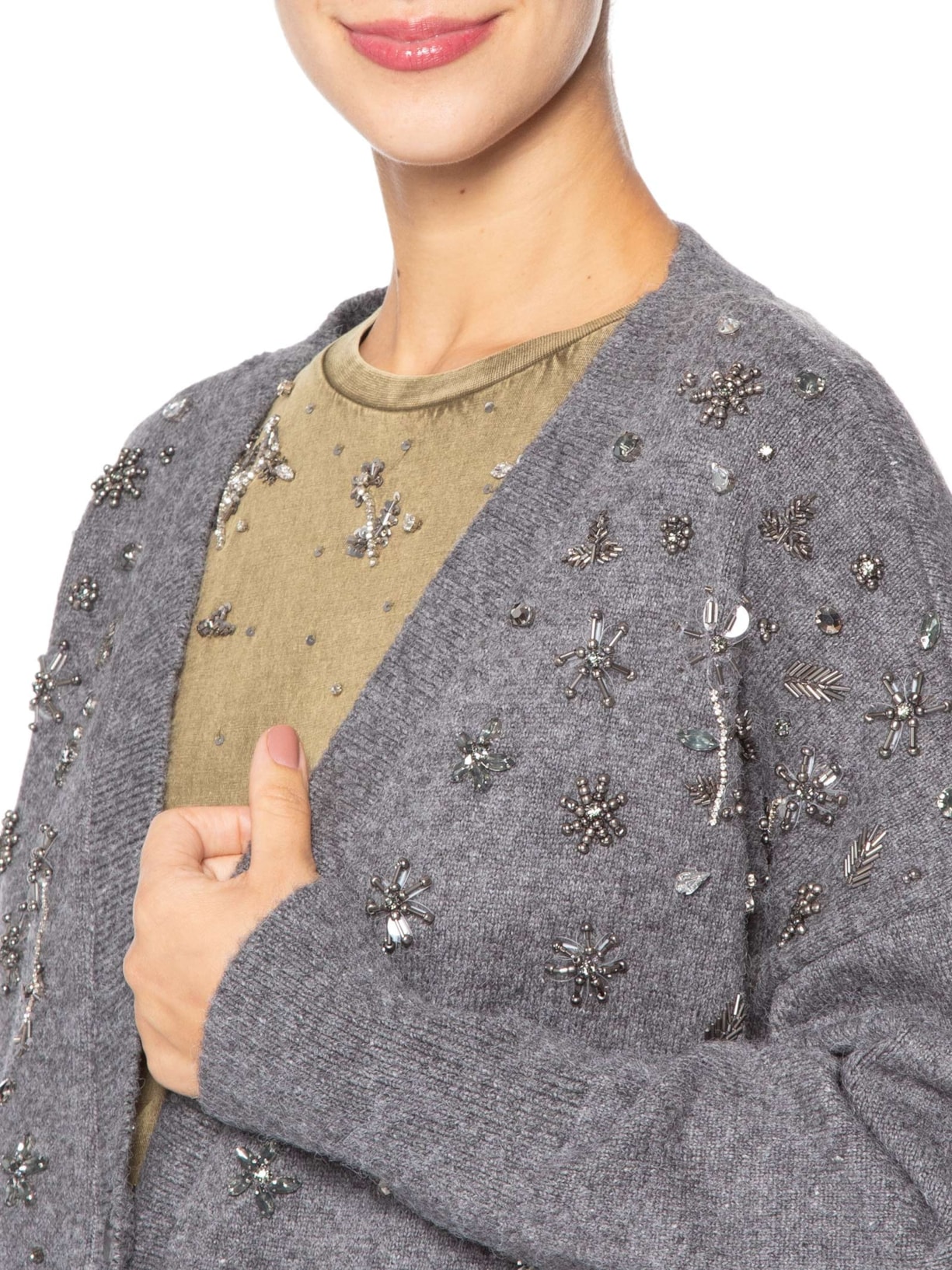 Cardigan Feminino  Gola V com Bordado de Tricot Cinza Animale