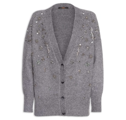 Cardigan Feminino  Gola V com Bordado de Tricot - Cinza