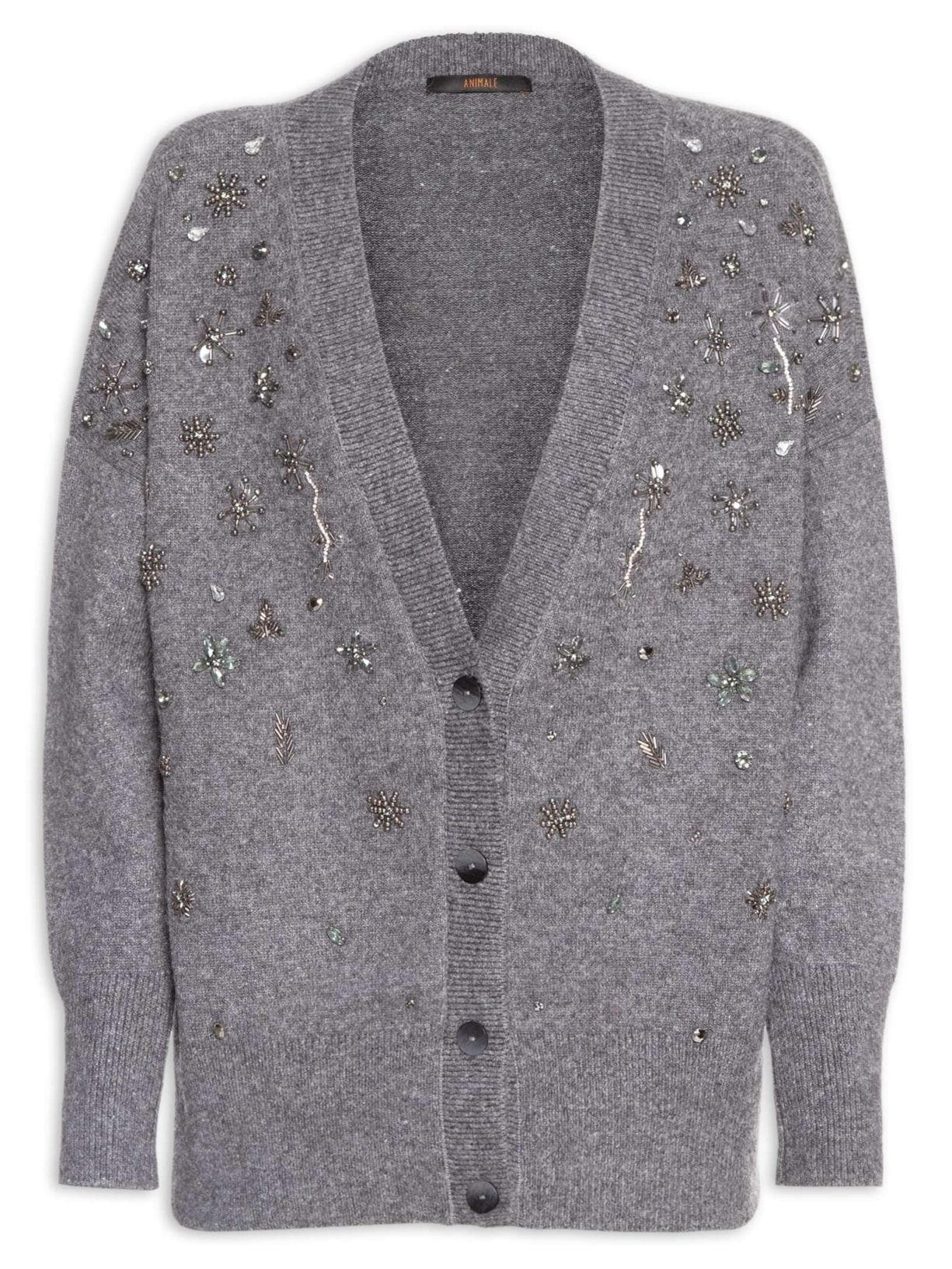 Cardigan Feminino Gola V com Bordado de Tricot - Cinza