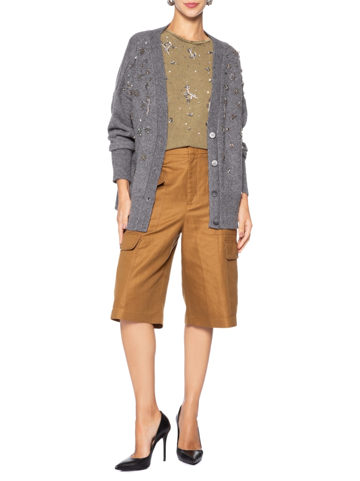 Cardigan Feminino  Gola V com Bordado de Tricot Cinza Animale