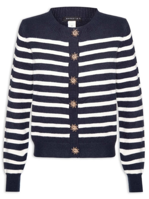 Cardigan Feminino Listrado Em Tricot - Azul