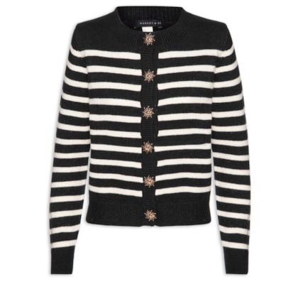 Cardigan Feminino Listrado Em Tricot  - Preto