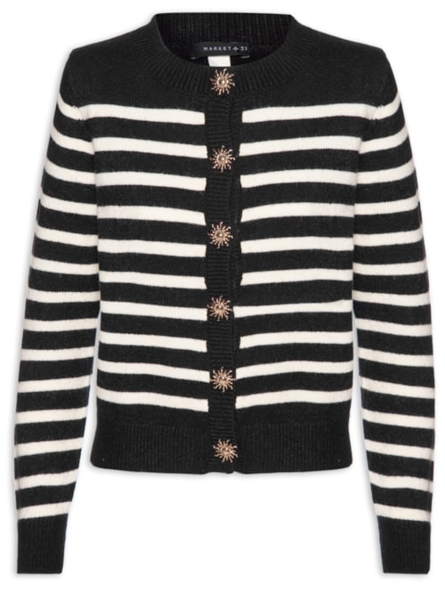 Cardigan Feminino Listrado Em Tricot - Preto