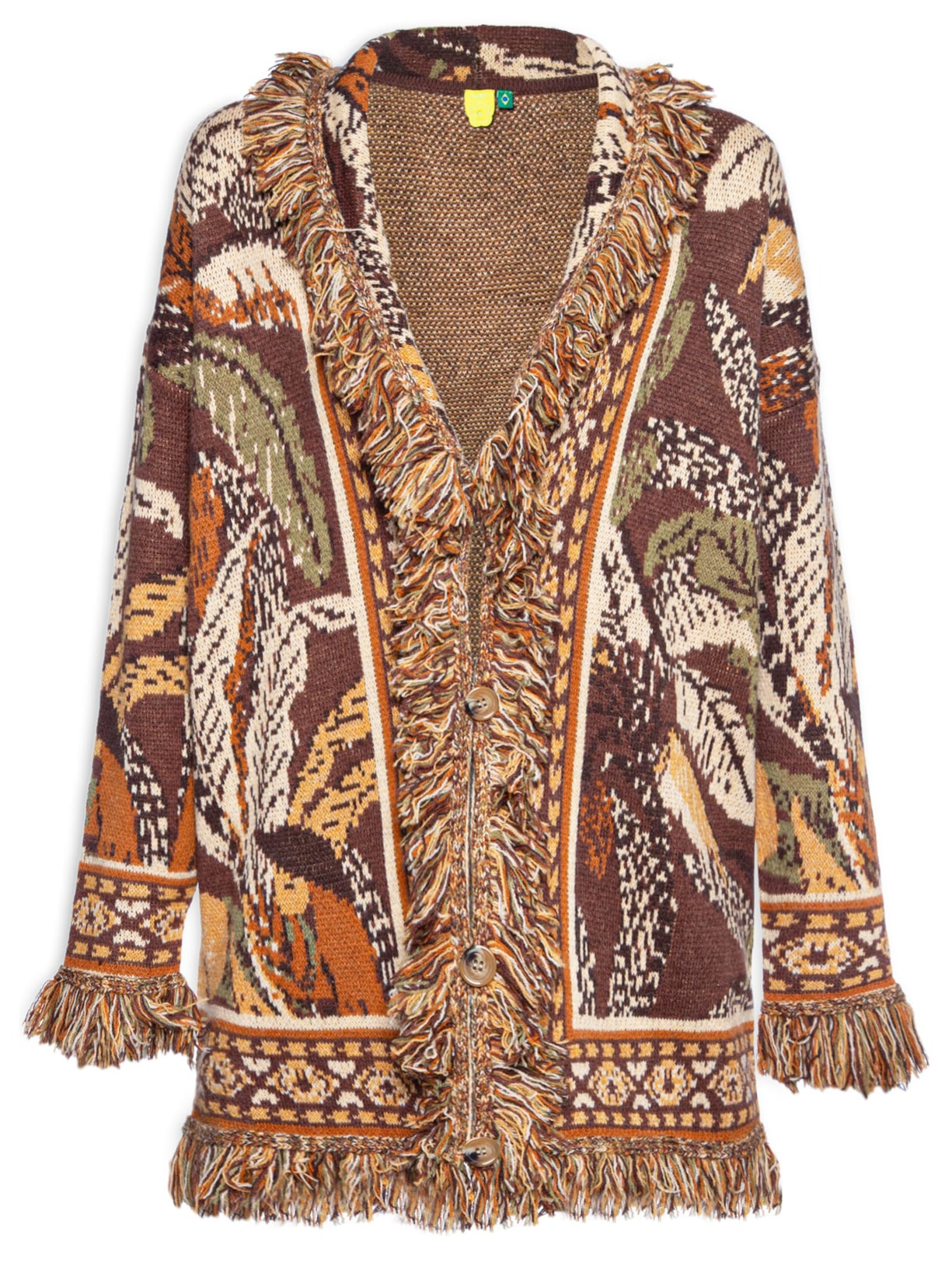 Cardigan Feminino Longo Tricot Franja Floresta - Marrom