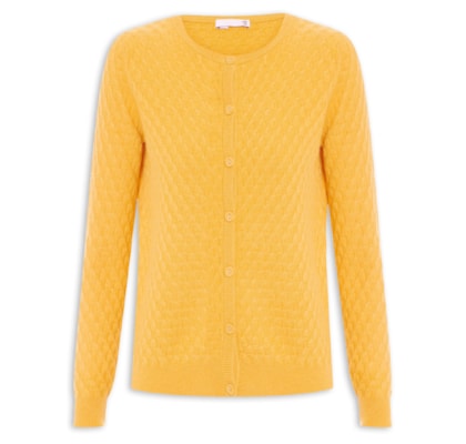 Cardigan Feminino Puro Cashmere Tranças Com Botões - Amarelo