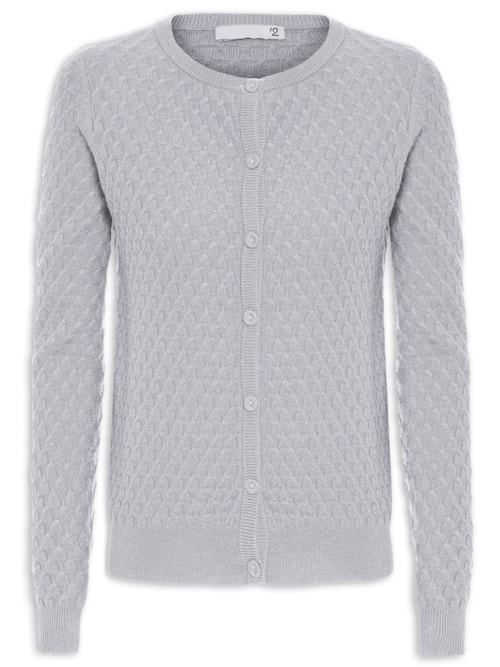 Cardigan Feminino Puro Cashmere Tranças Com Botões - Cinza
