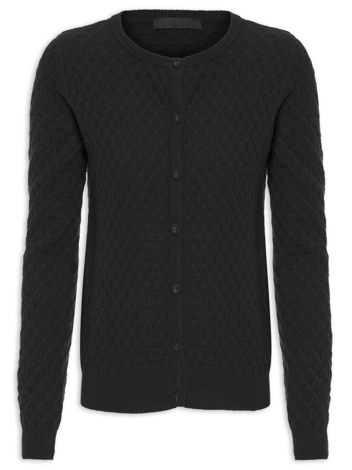 Cardigan Feminino Puro Cashmere Tranças Com Botões - Preto