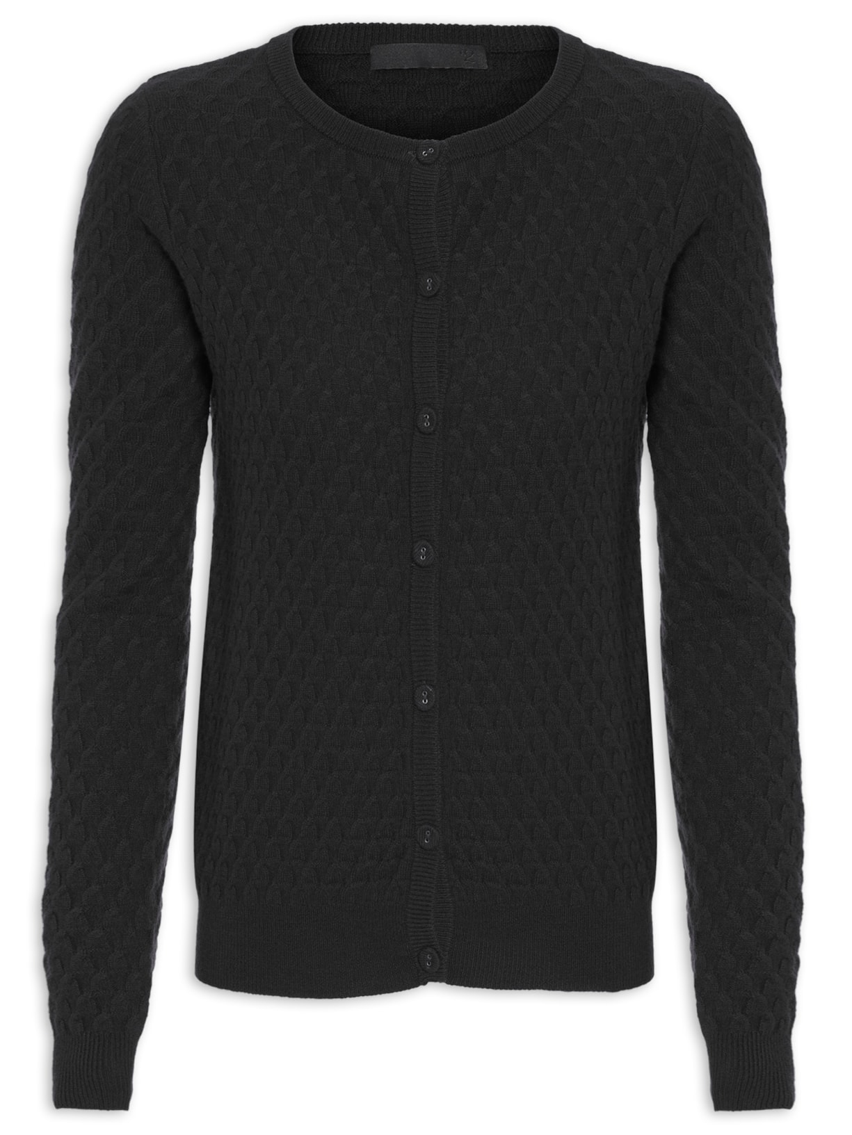 Cardigan Feminino Puro Cashmere Tranças Com Botões - Preto