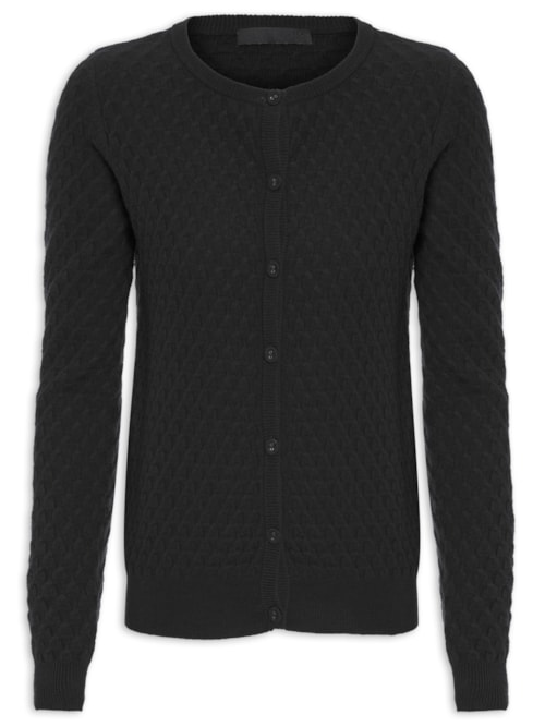 Cardigan Feminino Puro Cashmere Tranças Com Botões - Preto