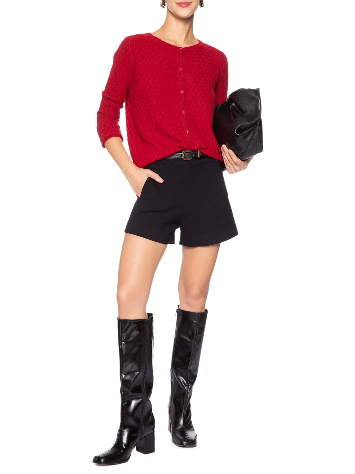Cardigan Feminino Puro Cashmere Tranças Com Botões Vermelho '2Essential