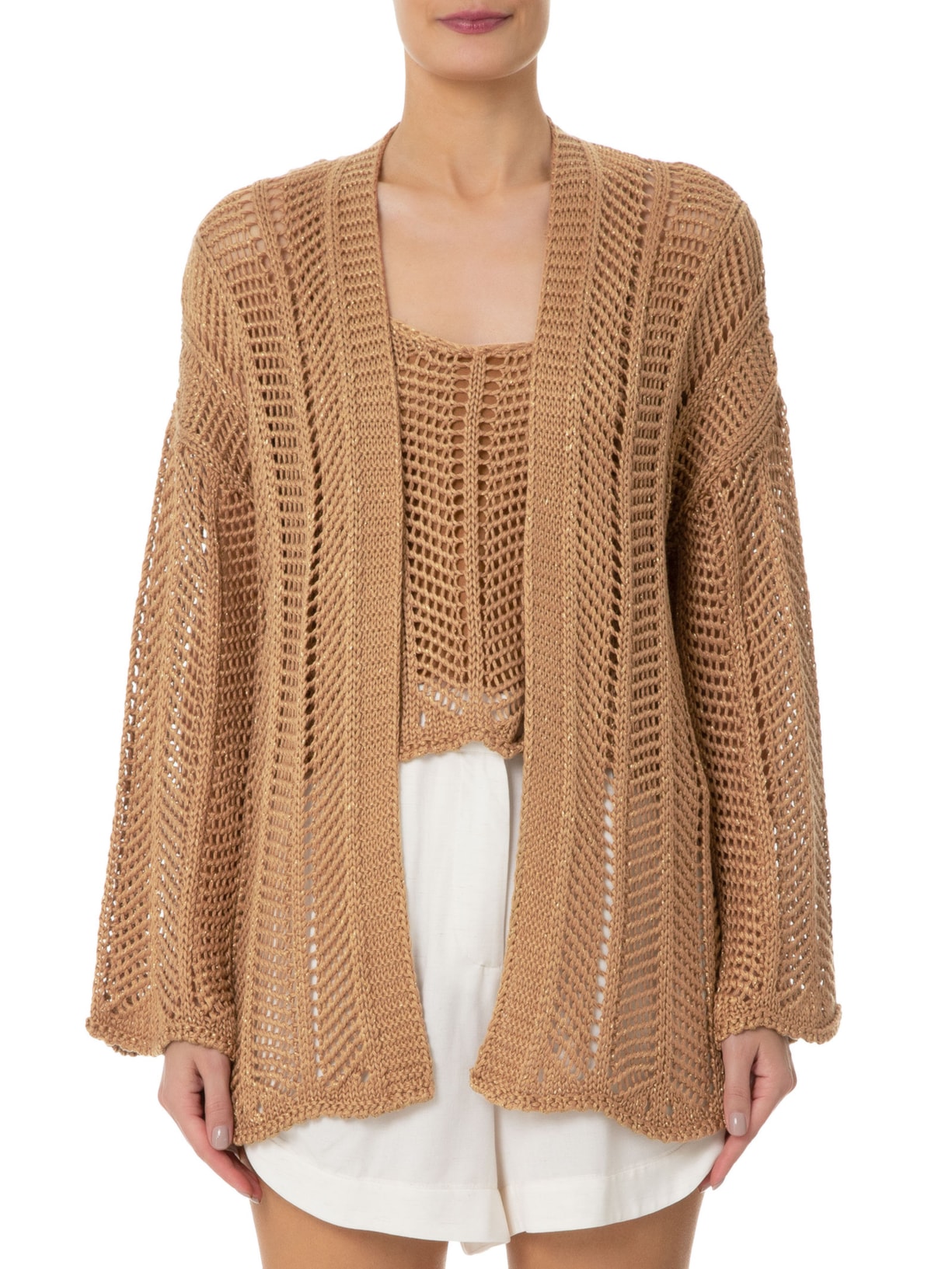 Cardigan Feminino Sobreposição Tricot Lurex Marrom Dress To