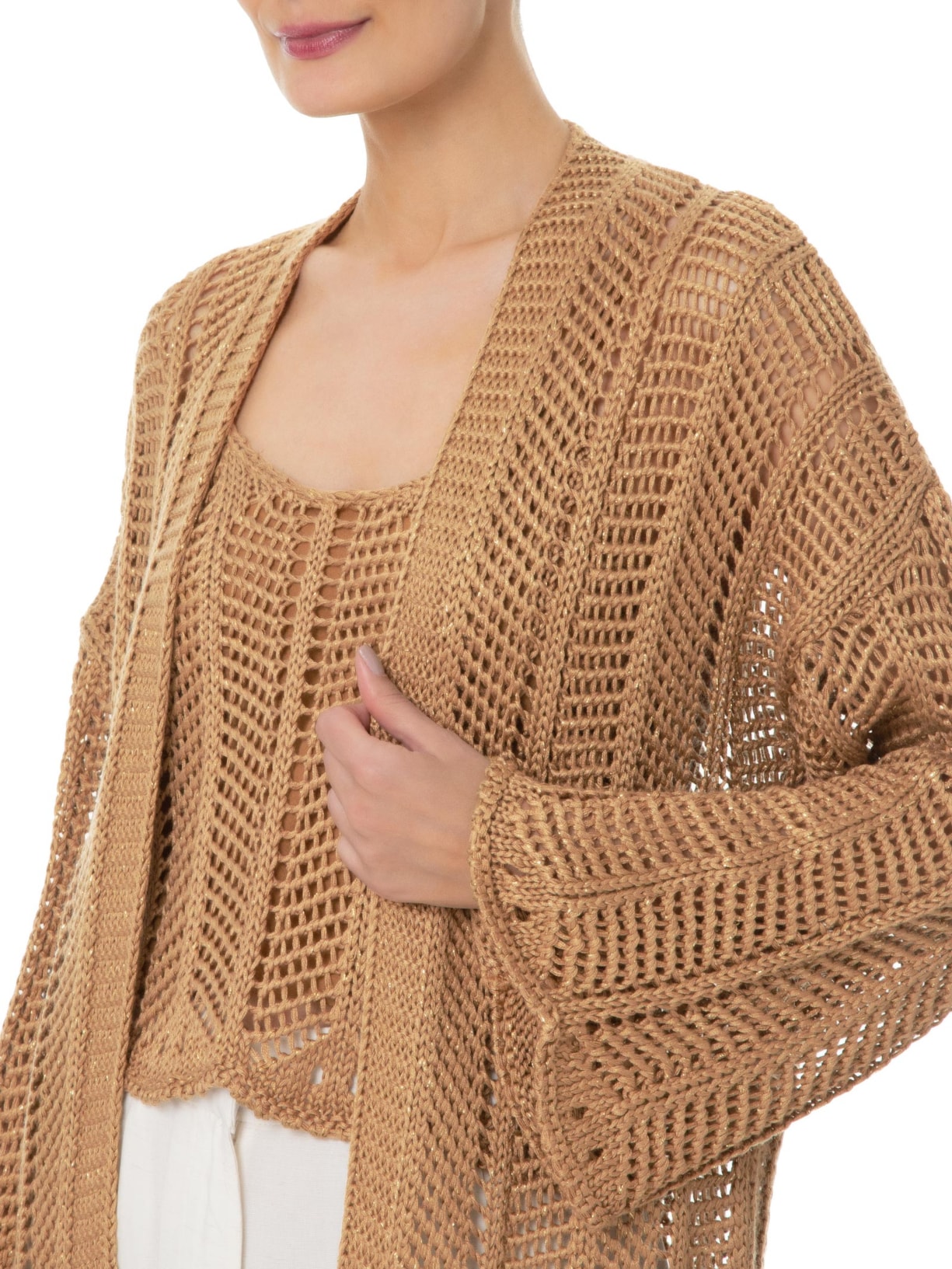 Cardigan Feminino Sobreposição Tricot Lurex Marrom Dress To