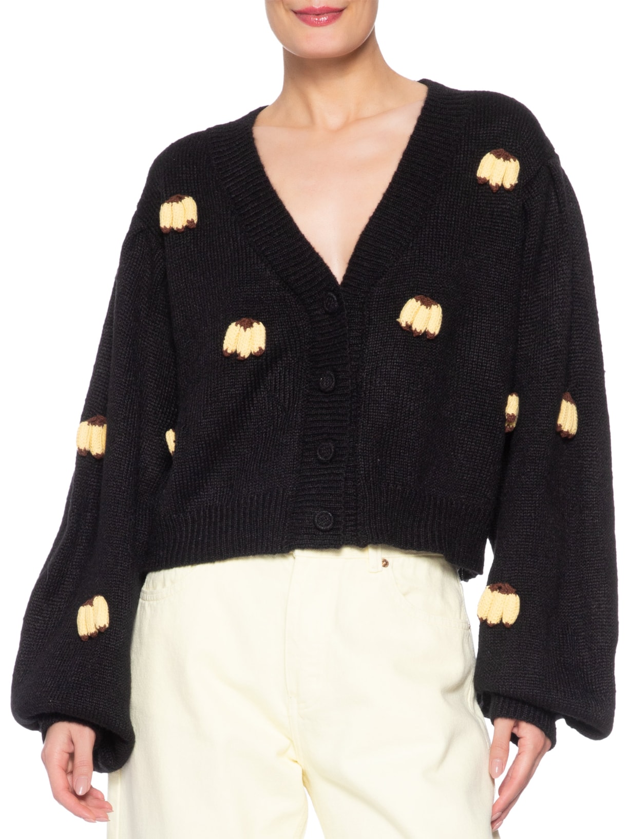 Cardigan Feminino Tricot Artesanal Banana Preto Farm