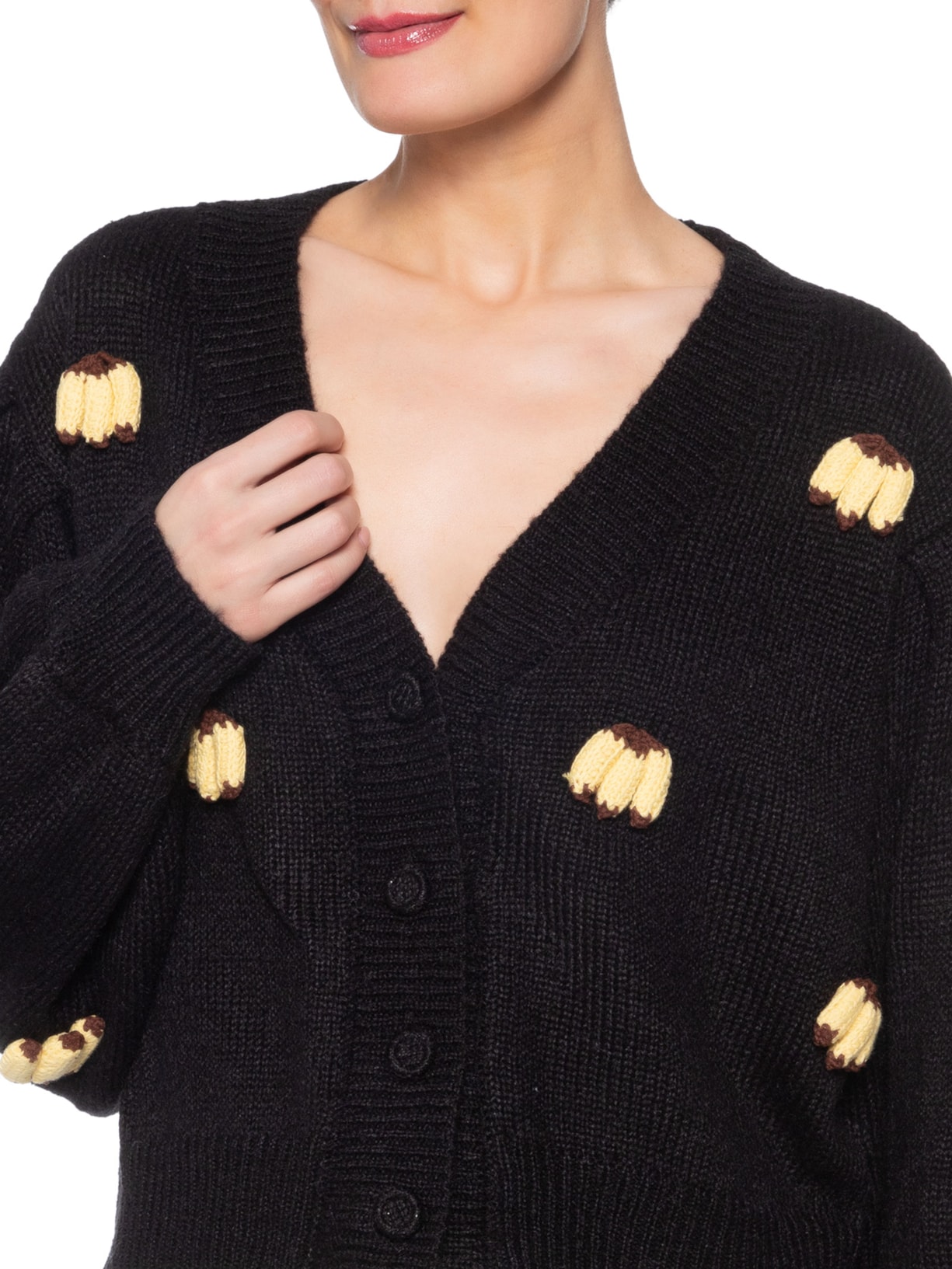 Cardigan Feminino Tricot Artesanal Banana Preto Farm