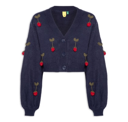 Cardigan Feminino Tricot Artesanal Morango – Azul