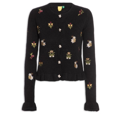 Cardigan Feminino Tricot Bordado Selva da Noite – Preto