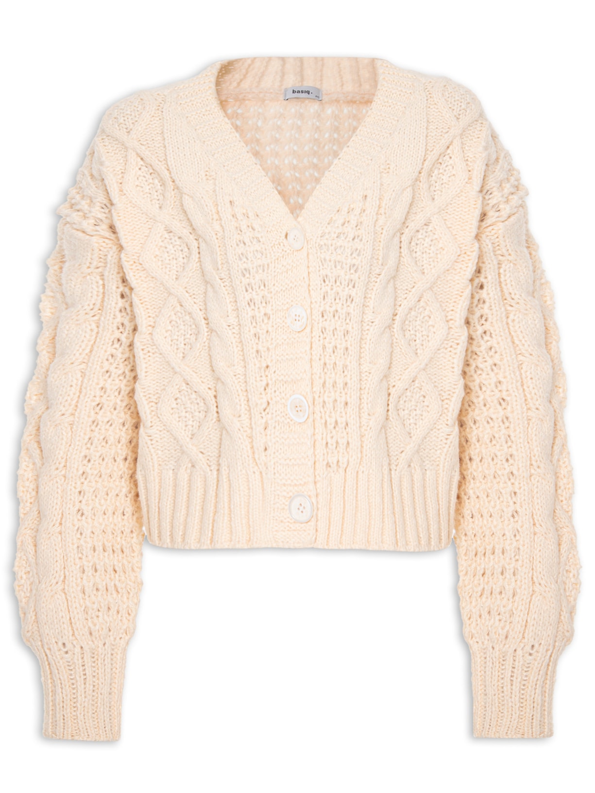 Cardigan Feminino Tricot Curto Texturizado Com Botões - Bege