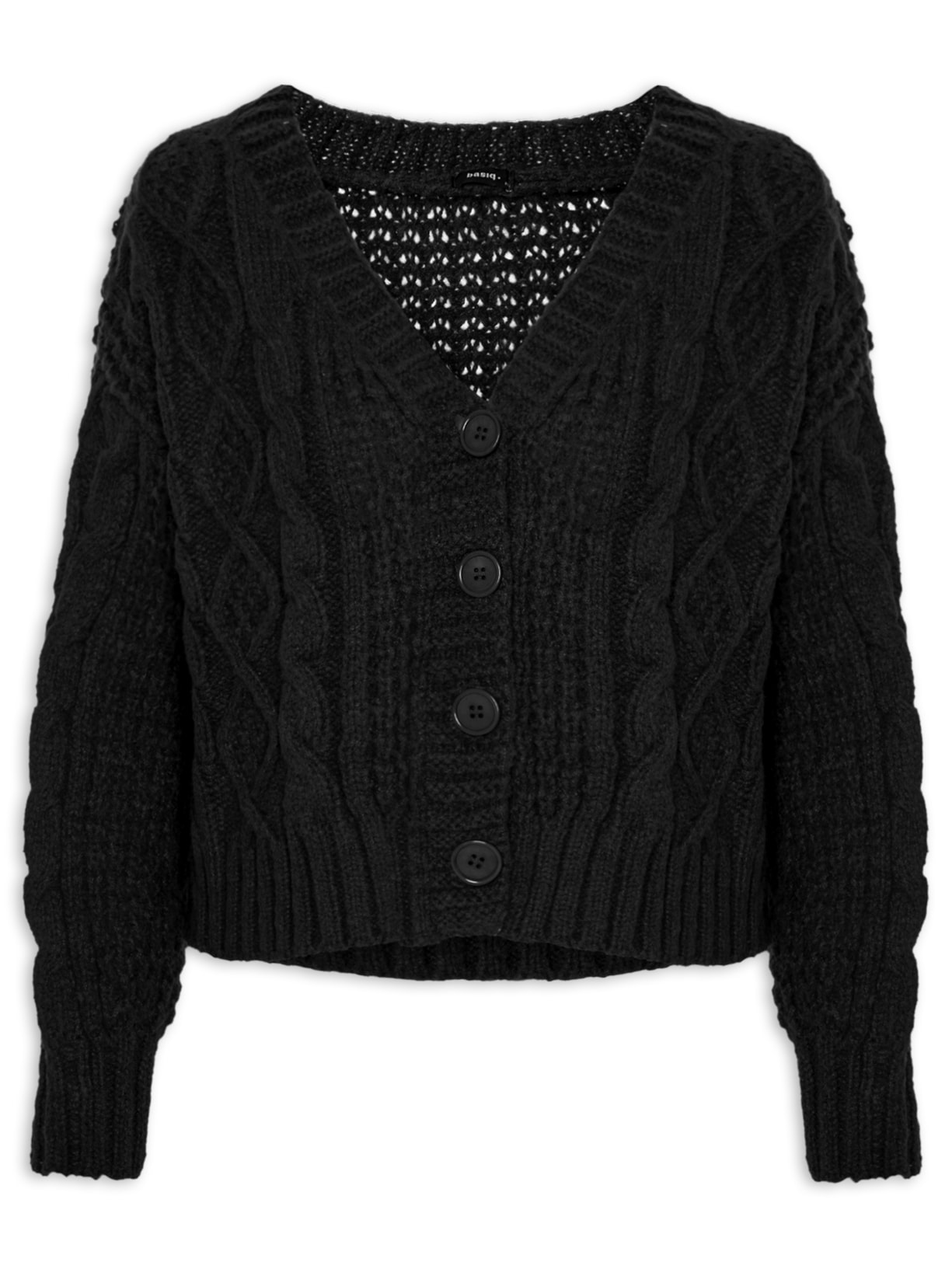 Cardigan Feminino Tricot Curto Texturizado Com Botões - Preto