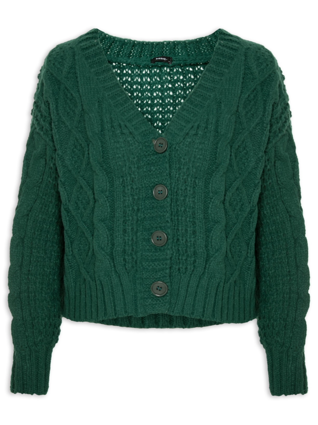 Cardigan Feminino Tricot Curto Texturizado Com Botões - Verde