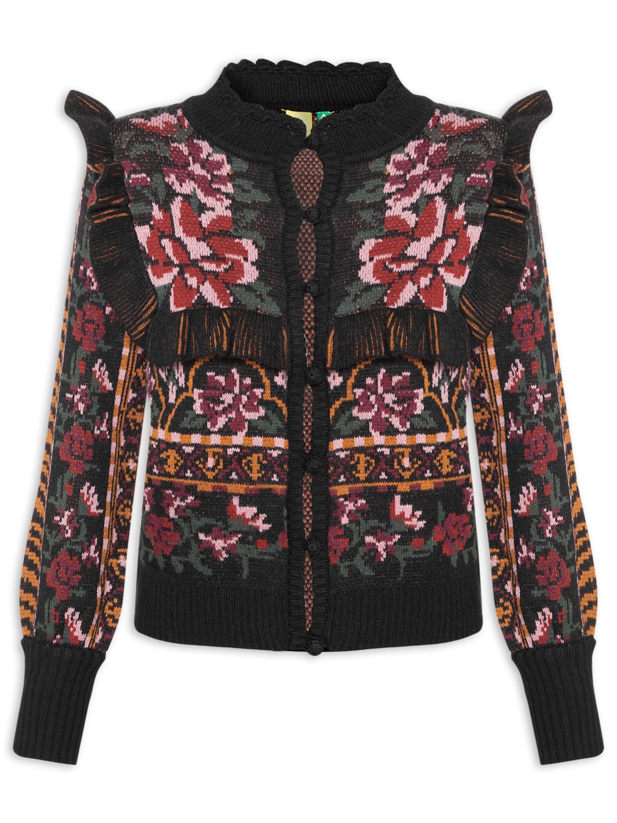 Cardigan Feminino Tricot Jacquard Jardim Artesanal - Preto