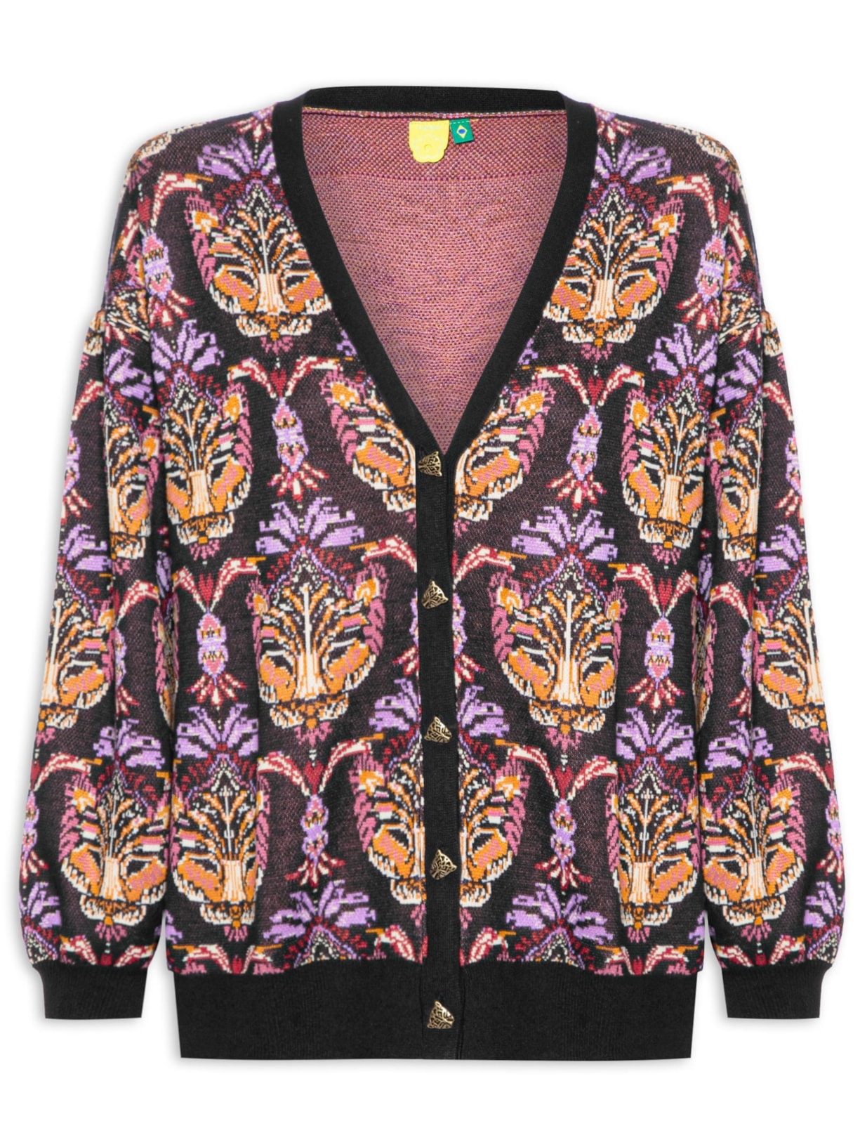 Cardigan Feminino Tricot Jacquard Pantera Boho - Preto