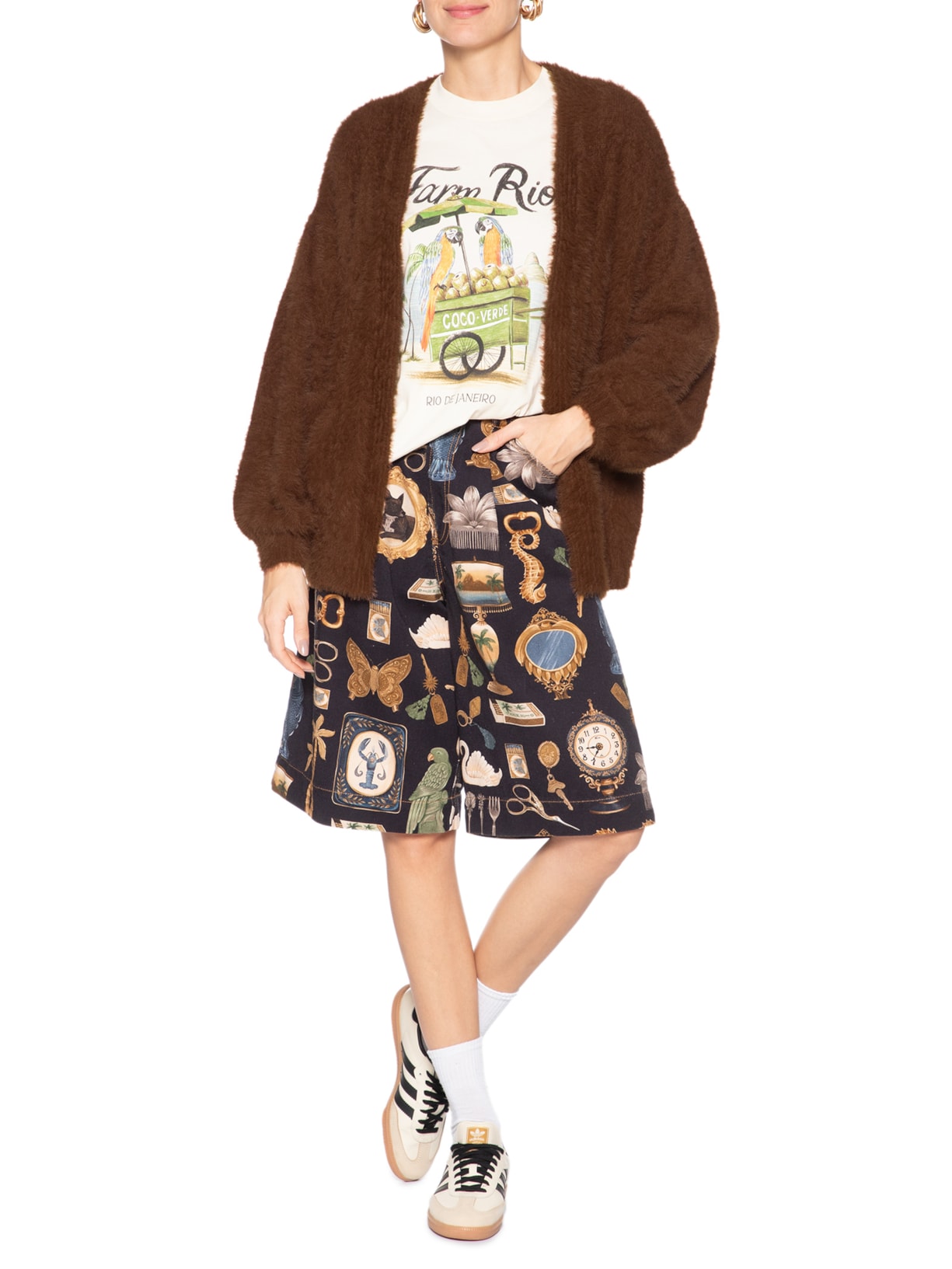 Cardigan Feminino Tricot Pelinho Com Bolso Marrom Farm