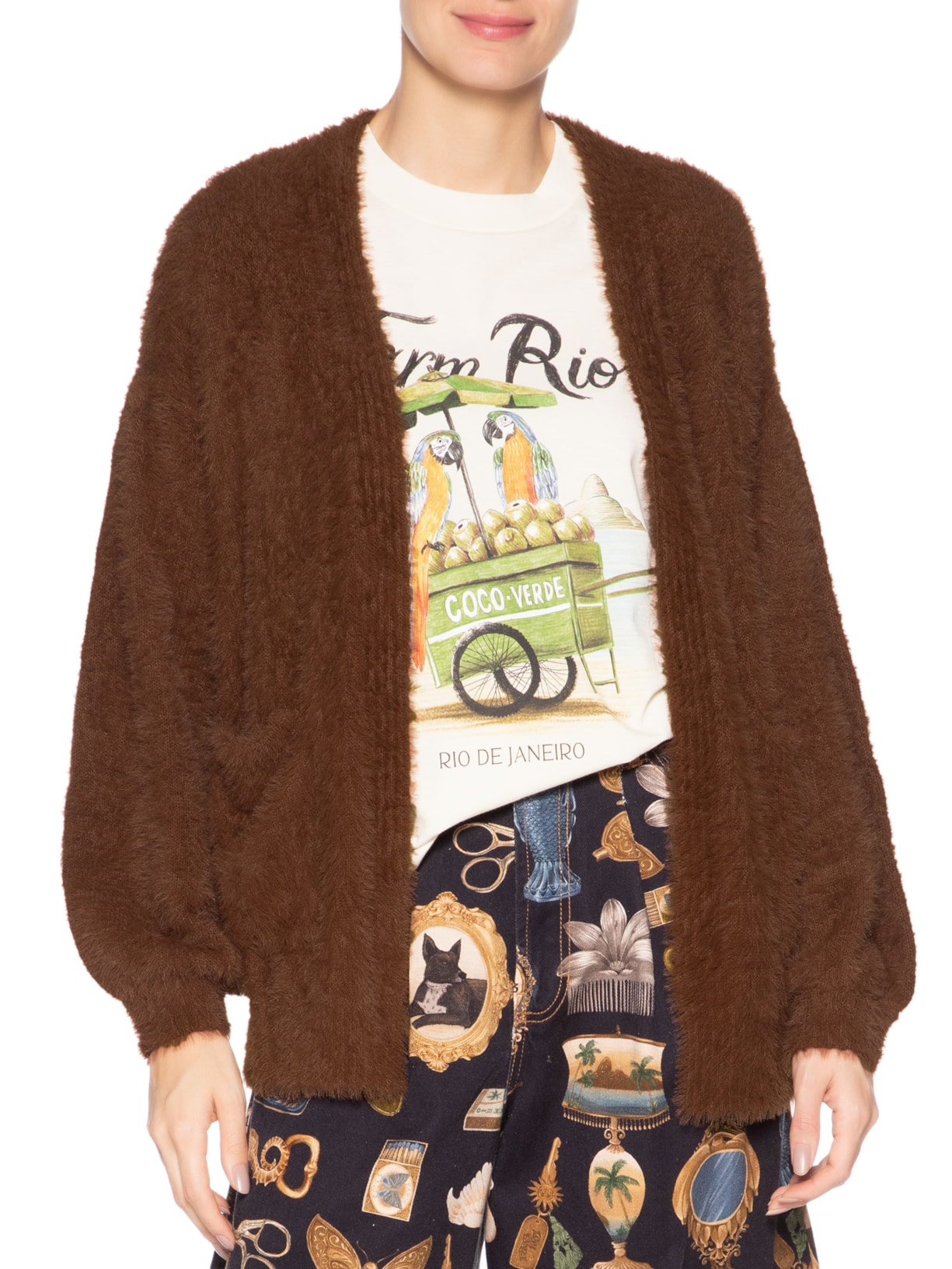 Cardigan Feminino Tricot Pelinho Com Bolso Marrom Farm