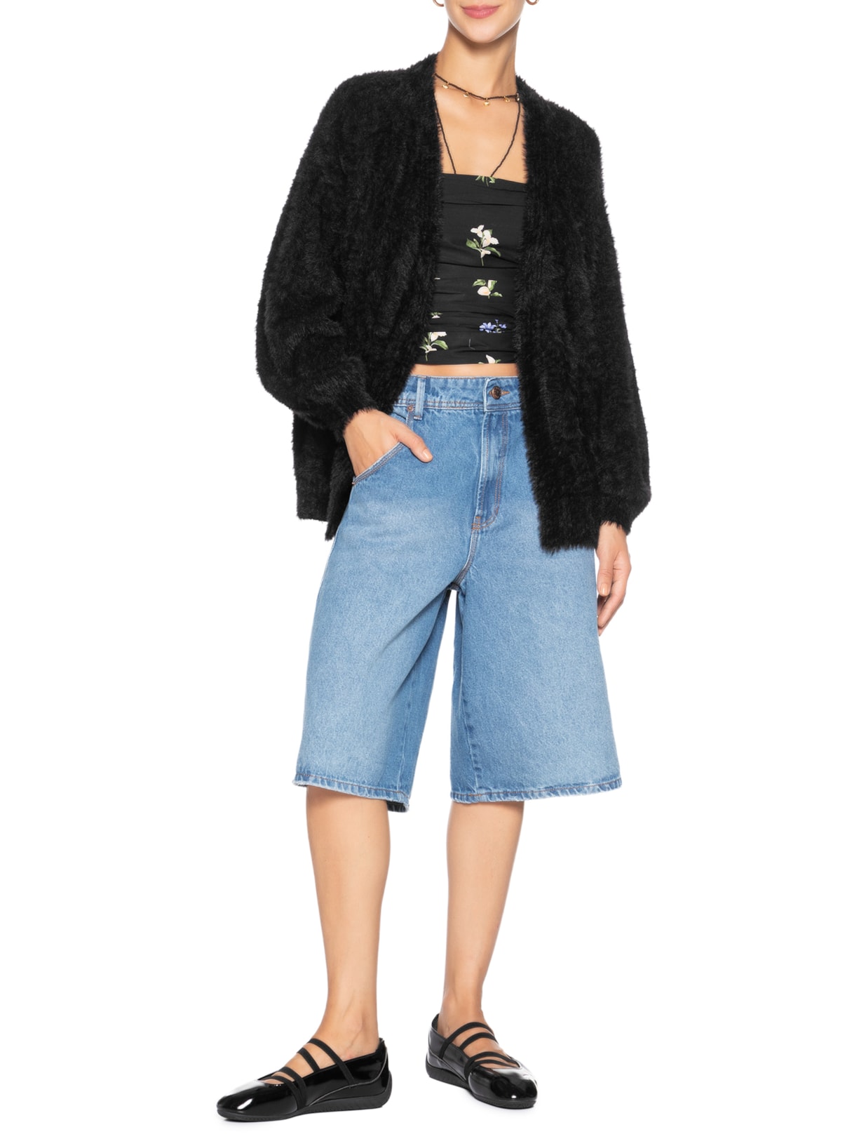 Cardigan Feminino Tricot Pelinho Com Bolso Preto Farm