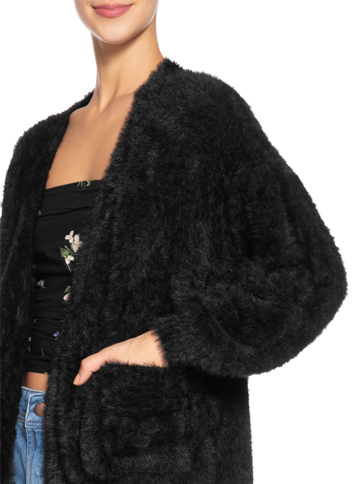 Cardigan Feminino Tricot Pelinho Com Bolso Preto Farm