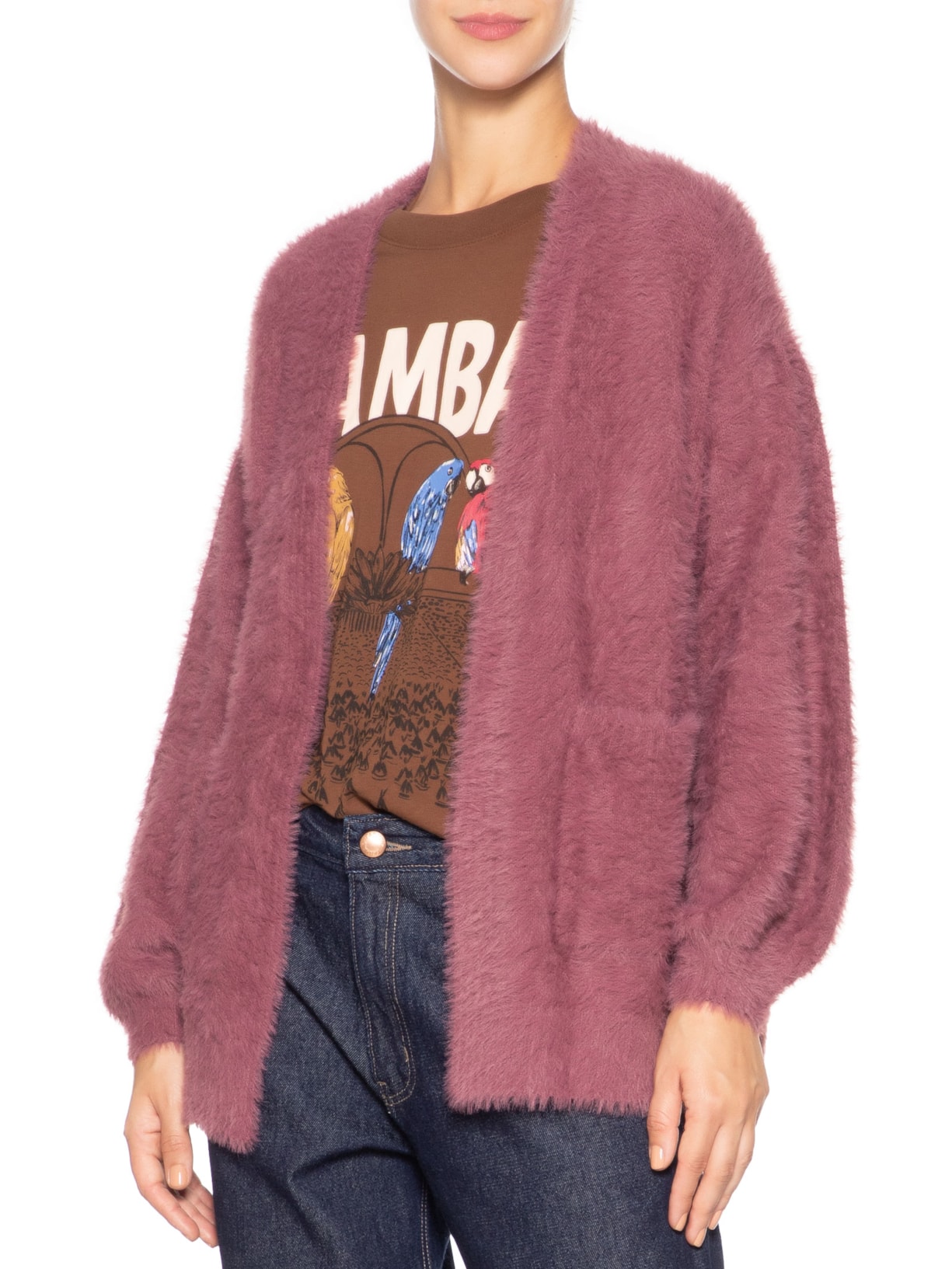 Cardigan Feminino Tricot Pelinho Com Bolso Rosa Farm