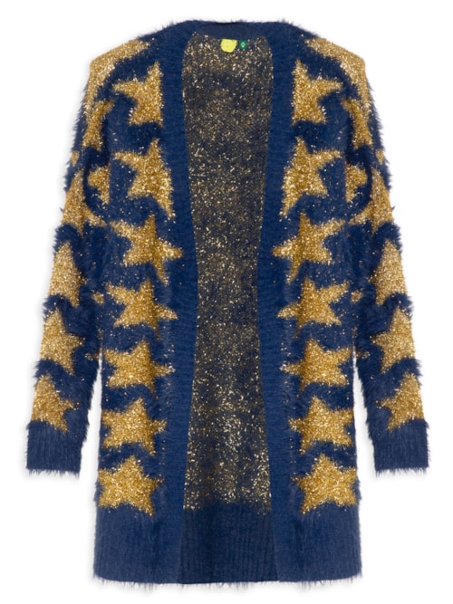 Cardigan Feminino Tricot Pelinho Estrelas - Azul
